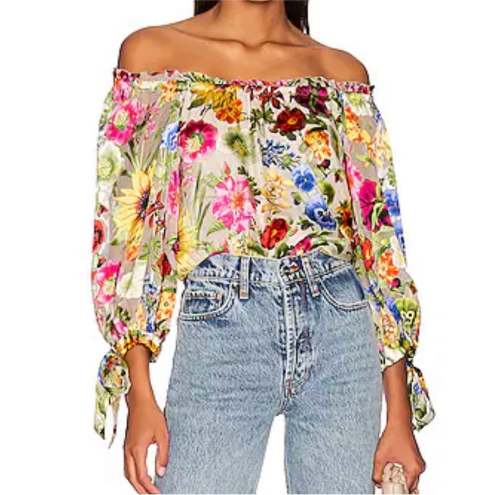 NWOT ALICE + OLIVIA ALTA FLORAL PRINT SILK BLEND BLOUSE ON/OFF SHOULDER SZ LARGE - Picture 2 of 15